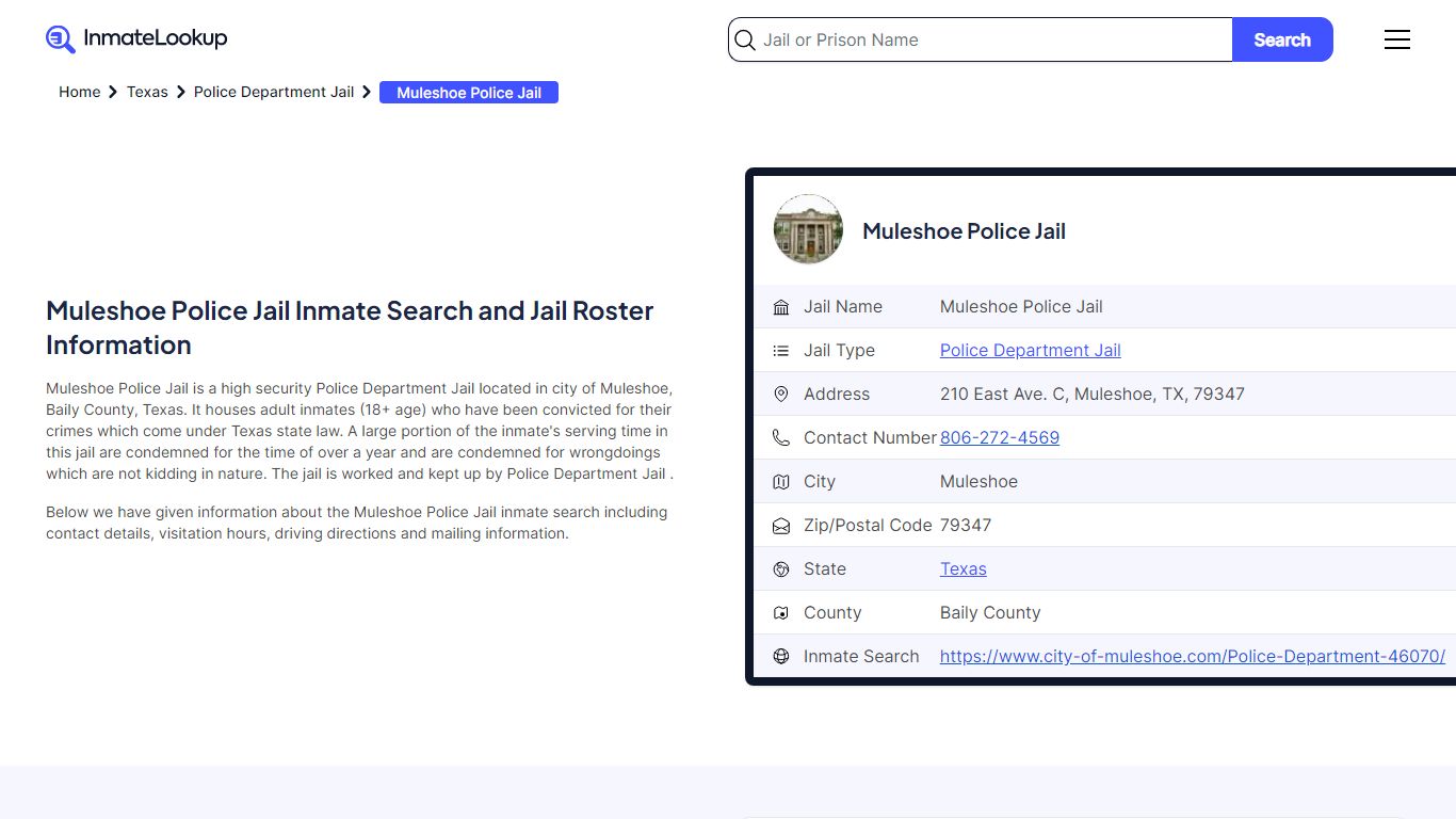 Muleshoe Police Jail (TX) Inmate Search Texas - Inmate Lookup